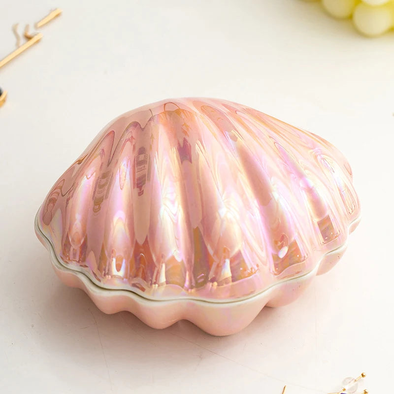 Pink Ceramic Shell Shaped Jewelry Storage Box Pearl Glaze Earring Necklace Holder Ladies' Dressing Table Hairpin Lipstick Box