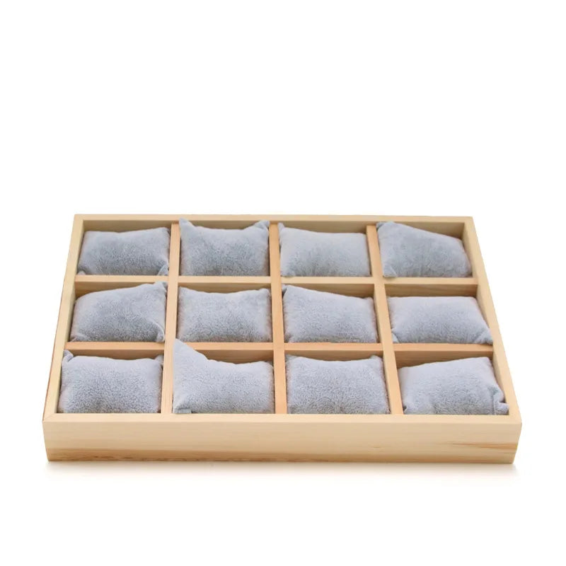 Watch Display Tray with Gray Velvet Pillows 12 Girds Bracelet Watch Hairpin Holder Rack for Jewelry Display Props Plate 35*24Cm