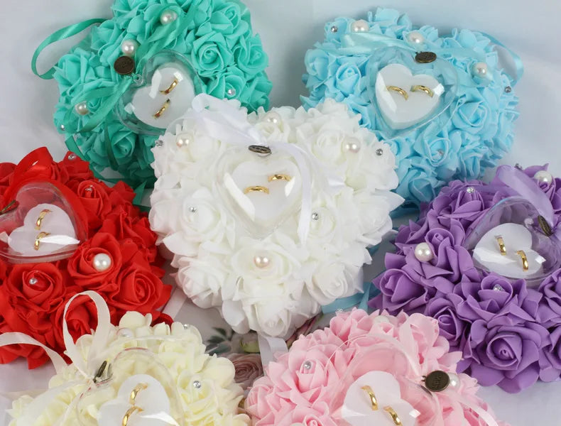 Weeding Couple Rings Holder Sweet Valentine Day Gift Heart Shape Ring Pillow Cushion Simulation Rose Flowers Jewelry Case