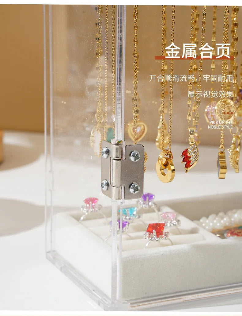 Acrylic Necklace Storage Box with Rotating Hook Bracelet Jewelry Display Rack Personal Ring Hairpin Jewelry Dustproof Box